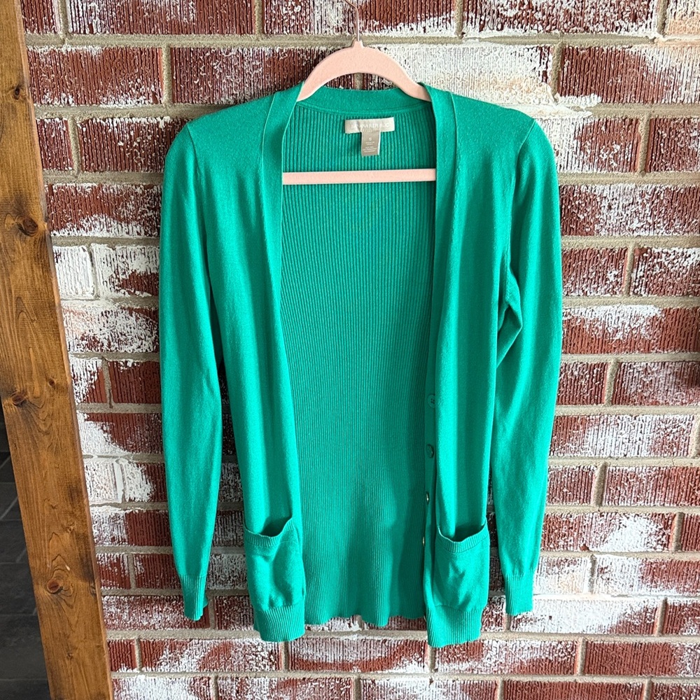 Banana Republic Silk Blend Kelly Green Open Button Ribbed Cardigan Sz S Luxury